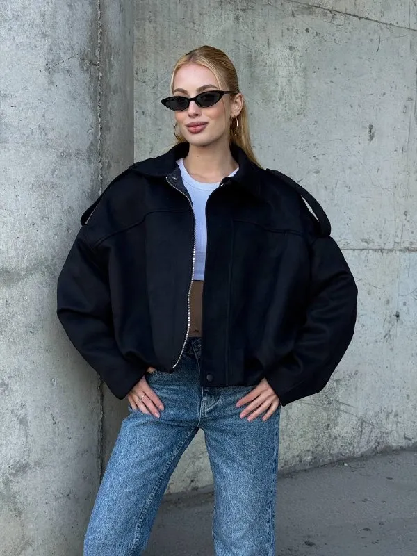 Kadın Oversize Bomber Süet Mont Siyah
