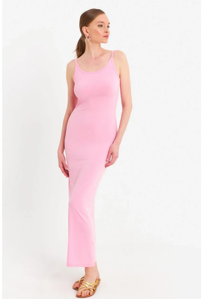 Kadın Pembe Ayarlanabilir Askılı Maxi Elbise MEN2004