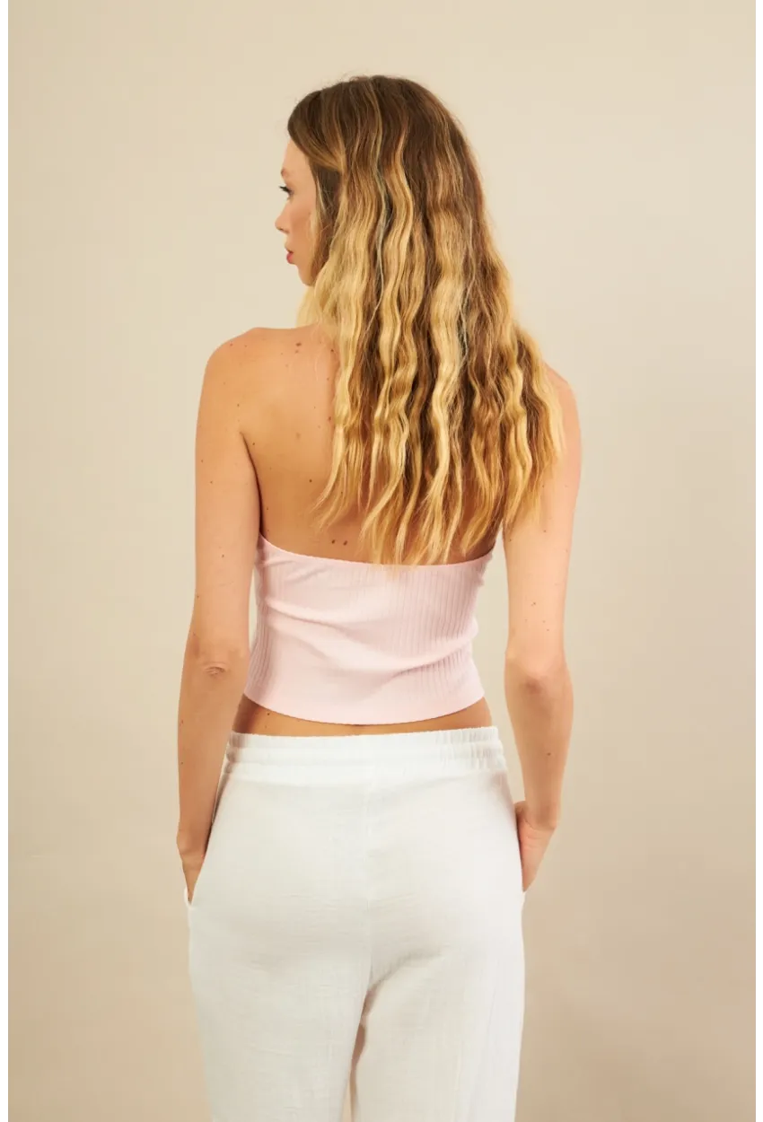 Kadın Pembe Boncuk Detaylı Sırtı Açık Bluz LPP1245-90