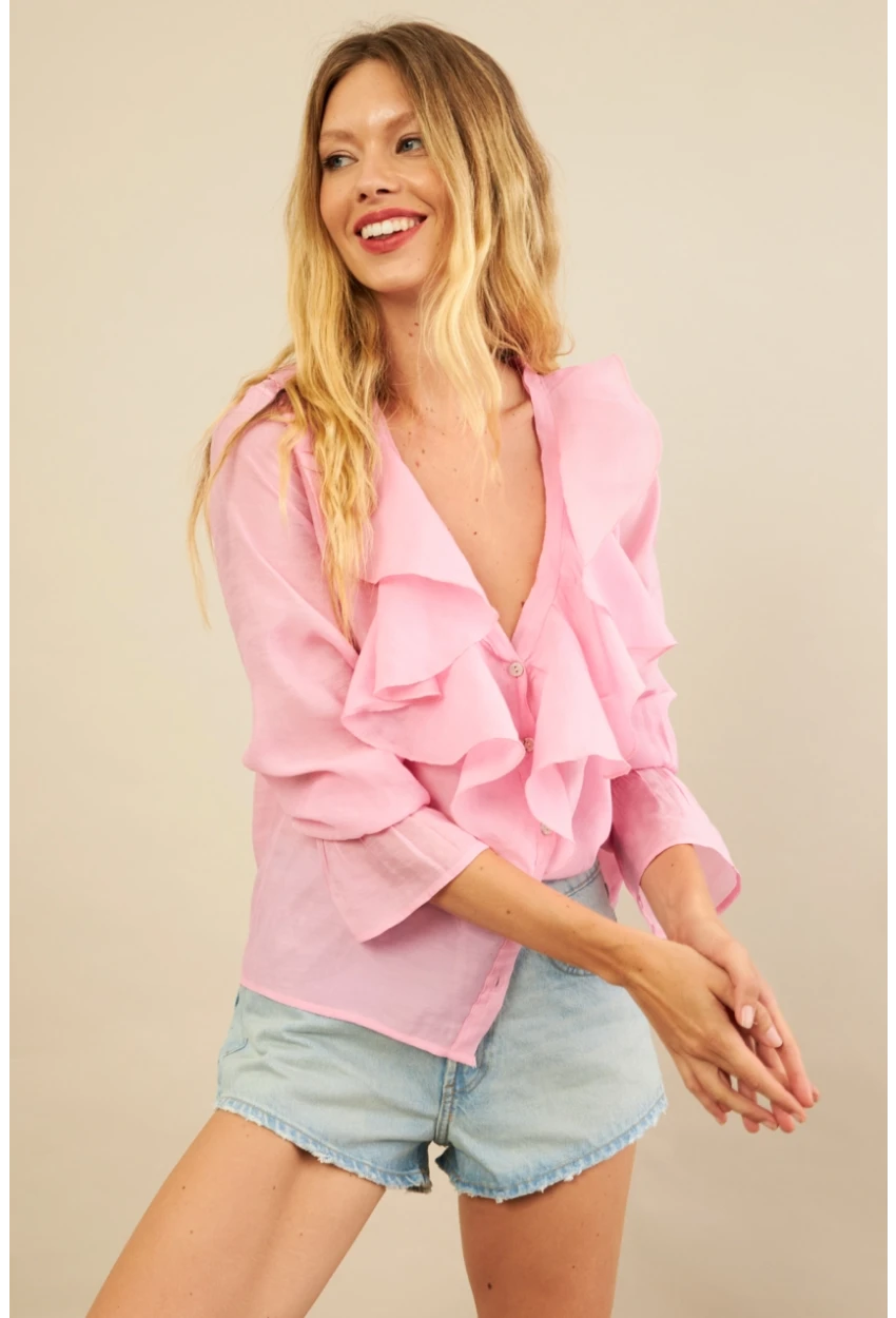 Kadın Pembe Fırfırlı Gömlek DMR487