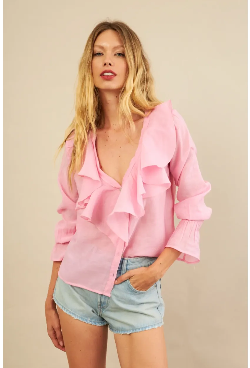 Kadın Pembe Fırfırlı Gömlek DMR487