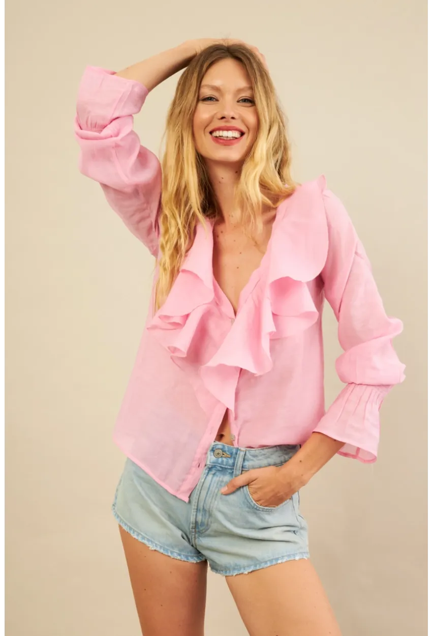 Kadın Pembe Fırfırlı Gömlek DMR487