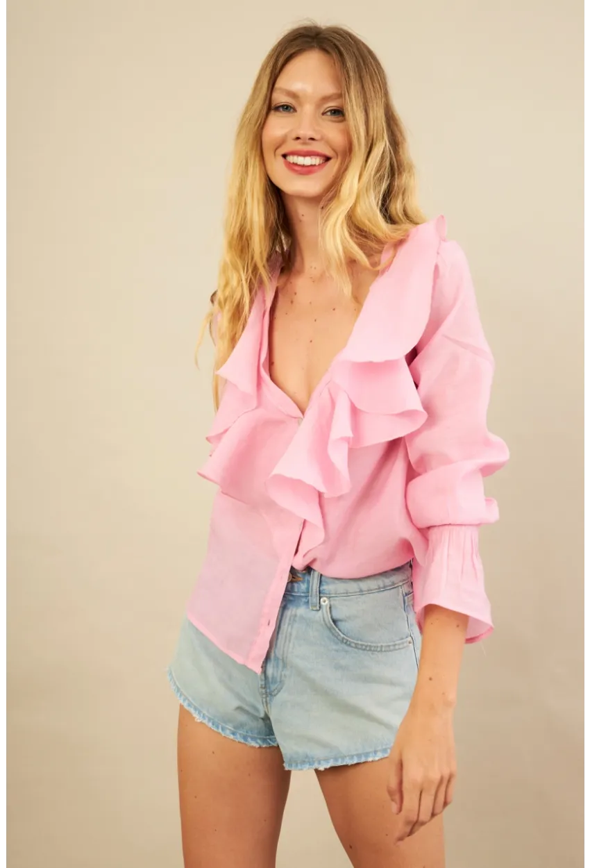 Kadın Pembe Fırfırlı Gömlek DMR487