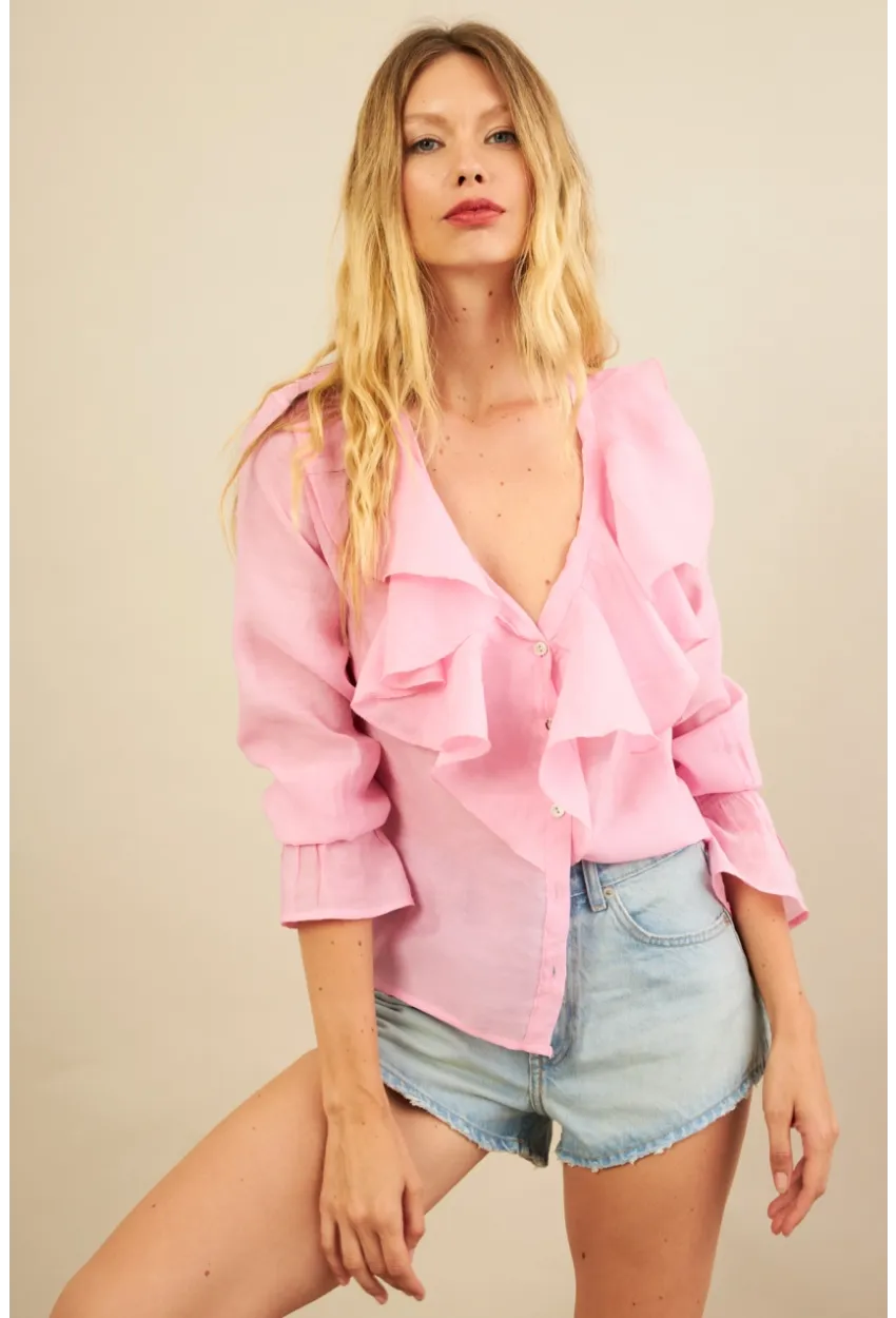 Kadın Pembe Fırfırlı Gömlek DMR487
