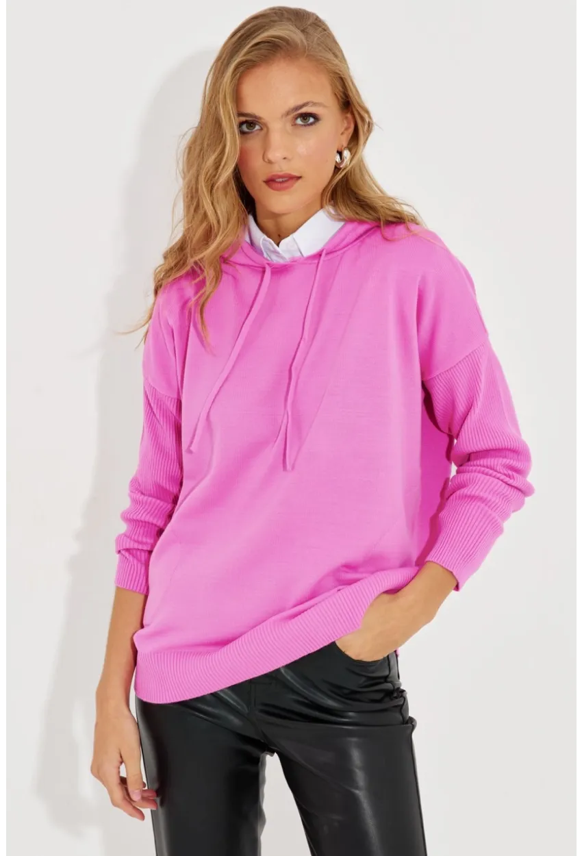 Kadın Pembe Kapüşonlu Cepli Triko Kazak YZ520