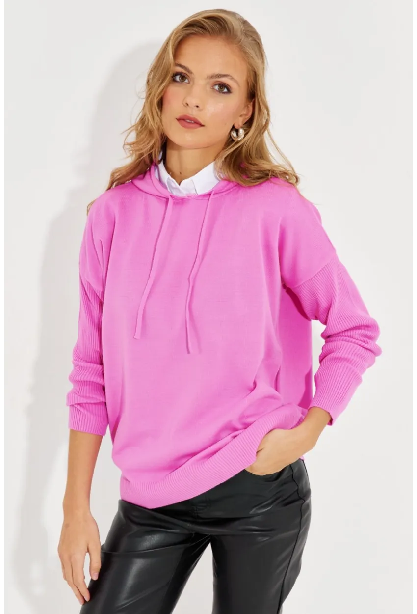 Kadın Pembe Kapüşonlu Cepli Triko Kazak YZ520