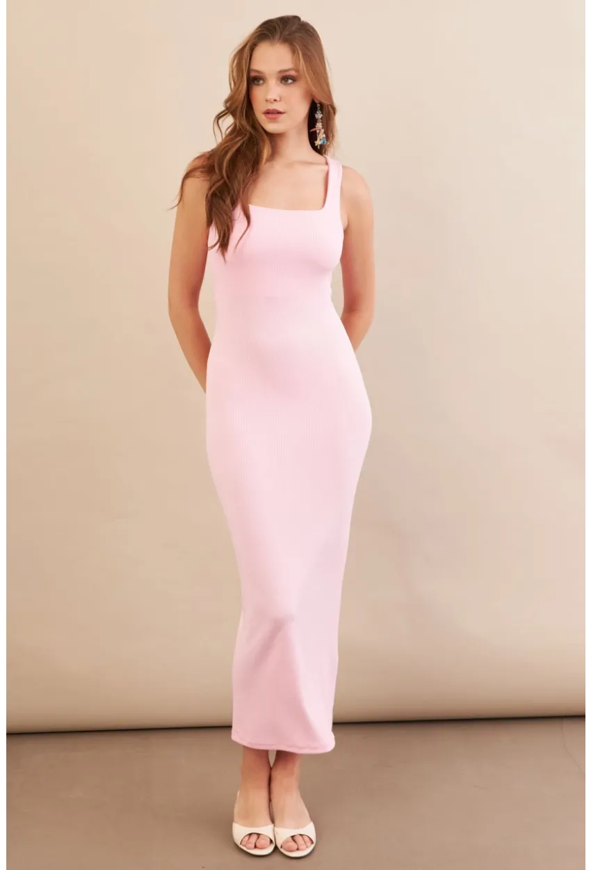 Kadın Pembe Kare Yaka Midi Elbise DMR295-90