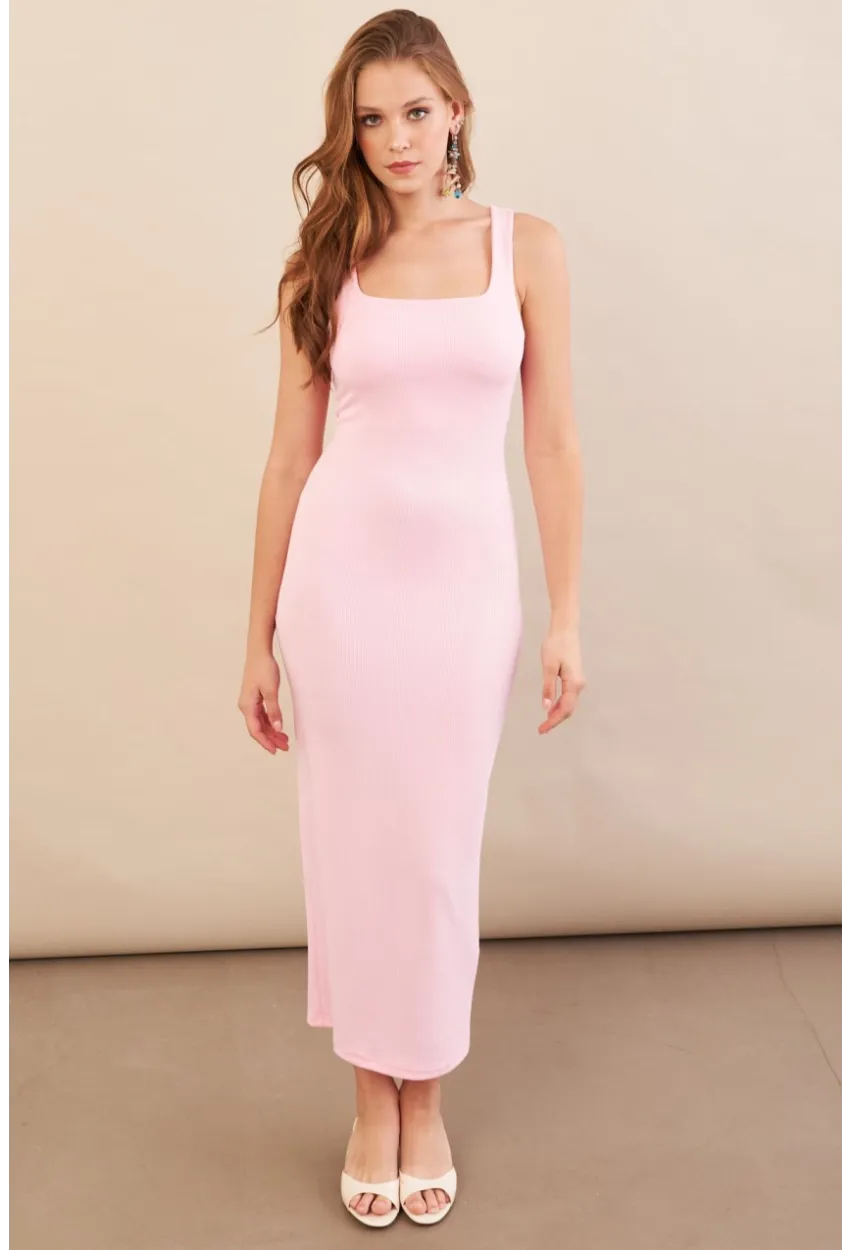 Kadın Pembe Kare Yaka Midi Elbise DMR295-90
