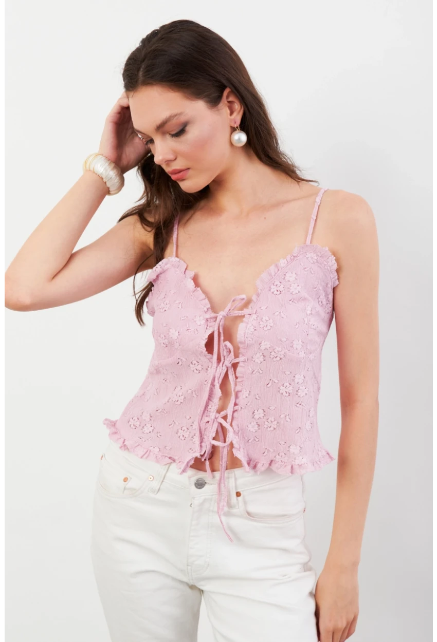 Kadın Pembe Kendinden Desenli Tül Bluz KED7329