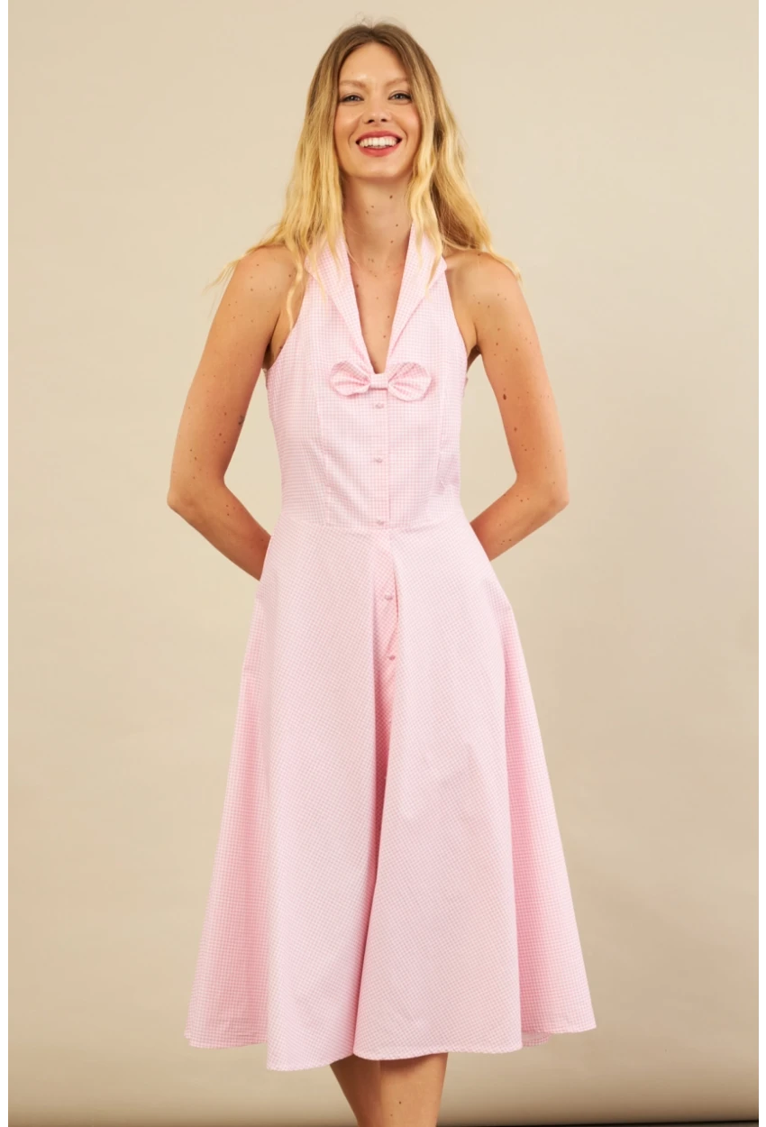 Kadın Pembe Kurdele Detaylı Ekose Gömlek Elbise PSG1014