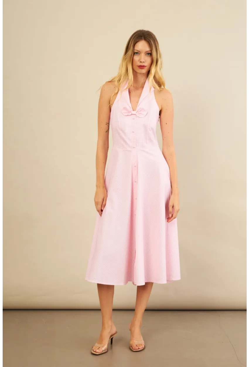 Kadın Pembe Kurdele Detaylı Ekose Gömlek Elbise PSG1014