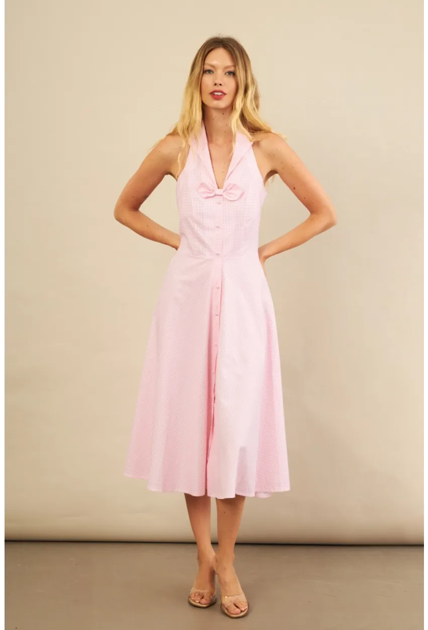 Kadın Pembe Kurdele Detaylı Ekose Gömlek Elbise PSG1014
