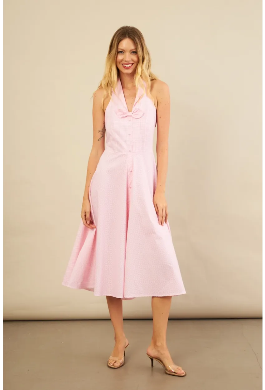 Kadın Pembe Kurdele Detaylı Ekose Gömlek Elbise PSG1014