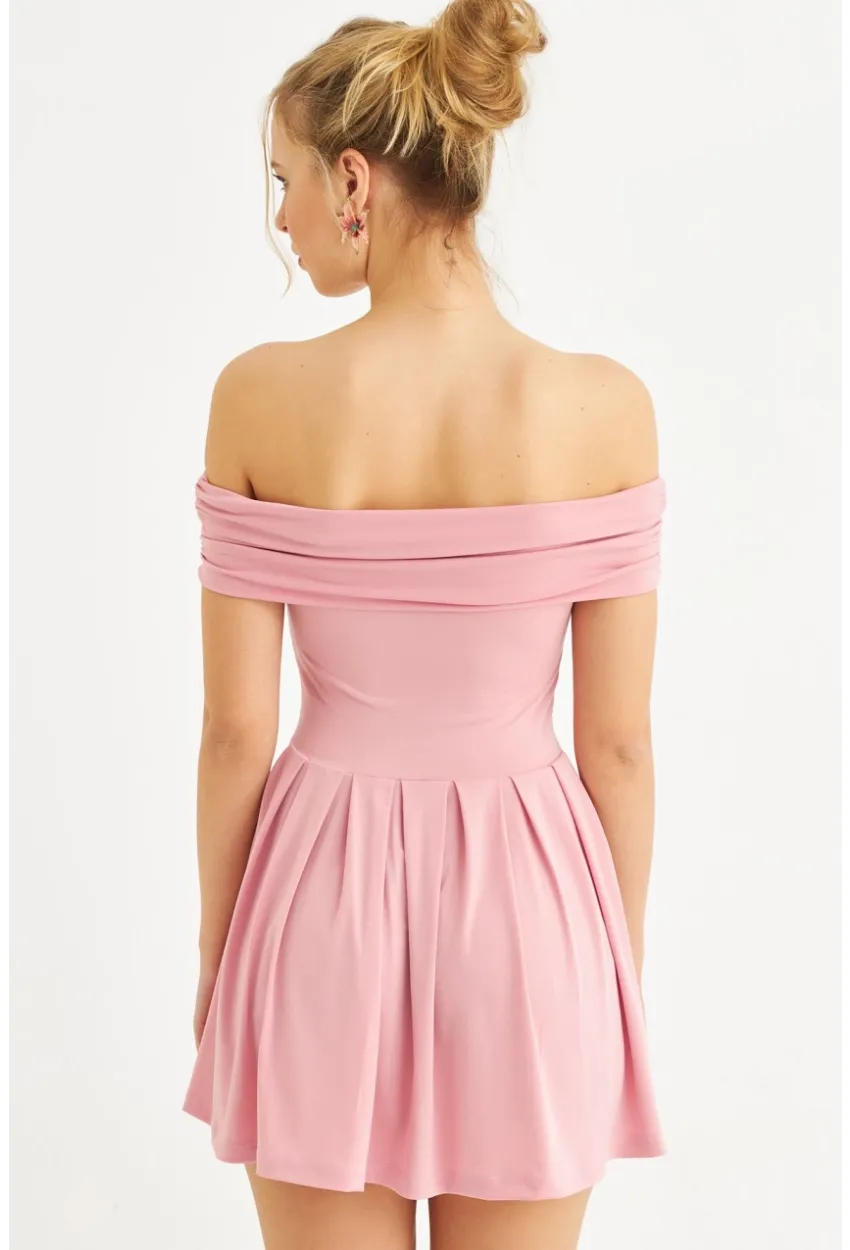 Kadın Pembe Madonna Yaka Midi Elbise MON1262-1