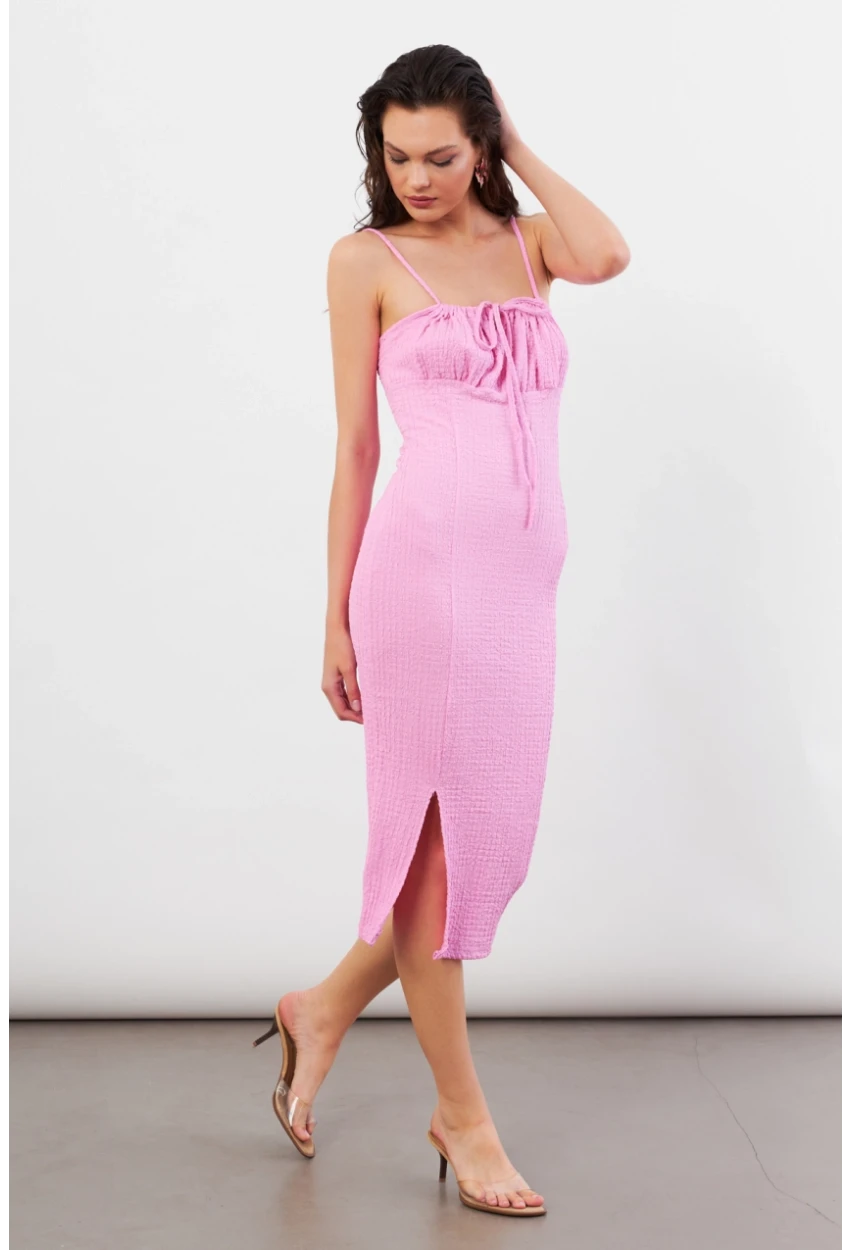Kadın Pembe Önü Bağlamalı Rustik Midi Elbise FRO2001