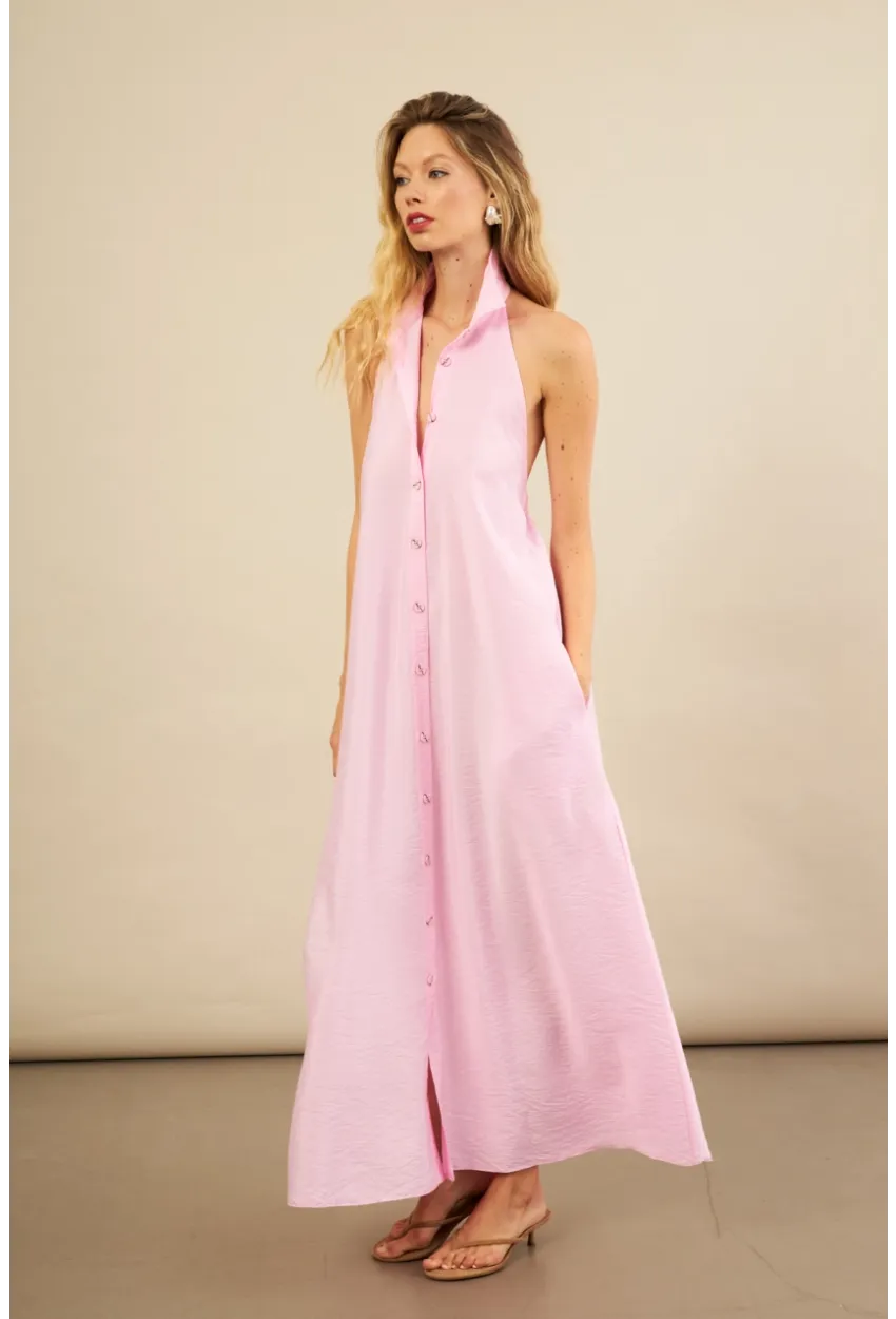 Kadın Pembe Sırtı Açık Maxi Gömlek Elbise ELN3132