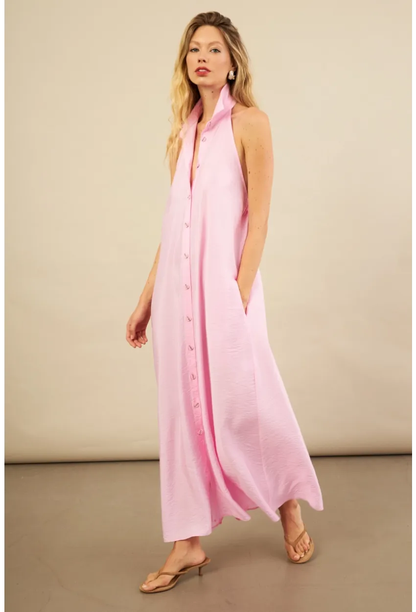 Kadın Pembe Sırtı Açık Maxi Gömlek Elbise ELN3132