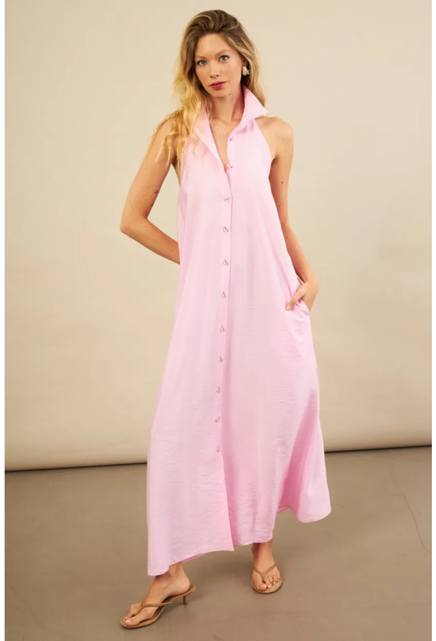 Kadın Pembe Sırtı Açık Maxi Gömlek Elbise ELN3132