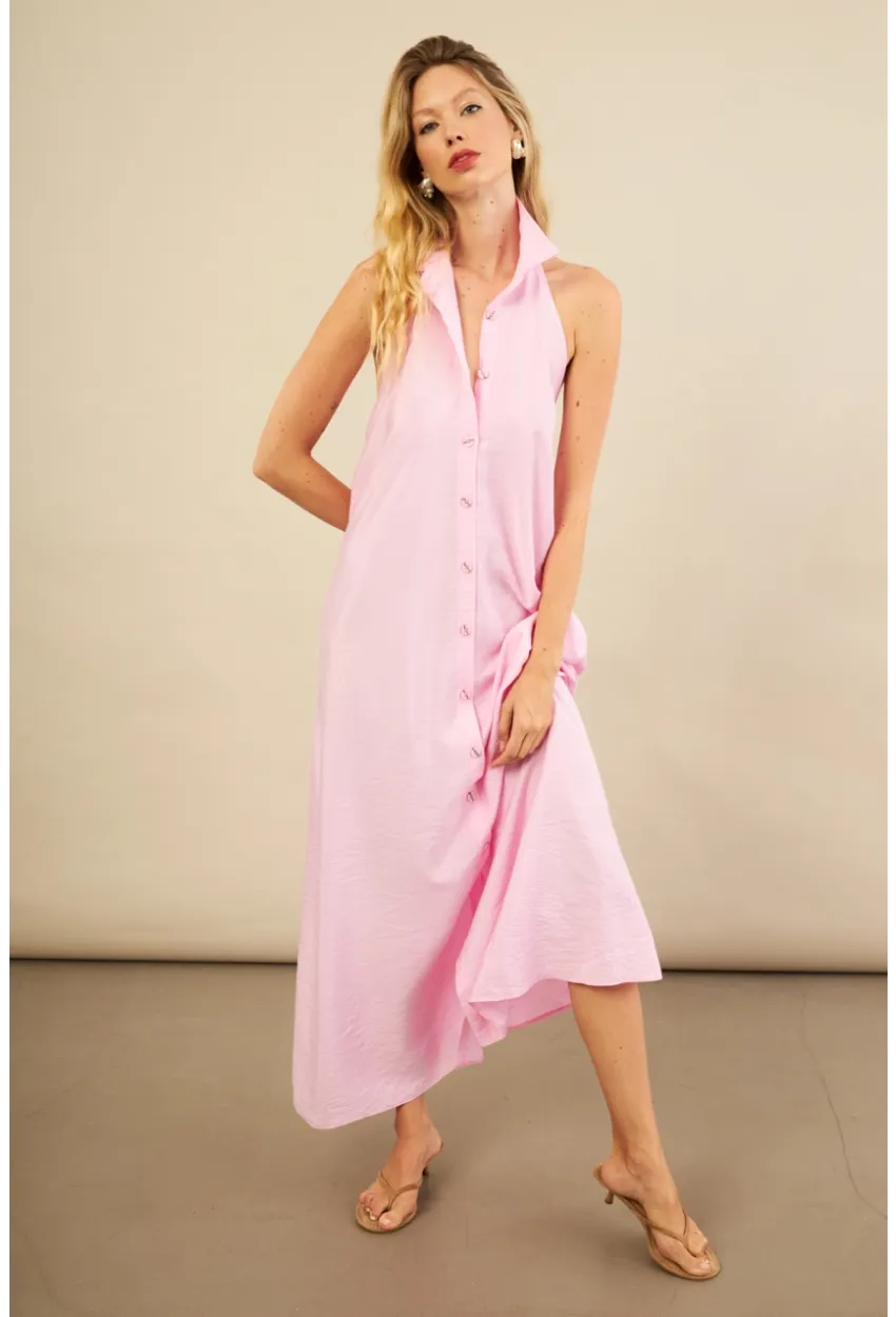 Kadın Pembe Sırtı Açık Maxi Gömlek Elbise ELN3132