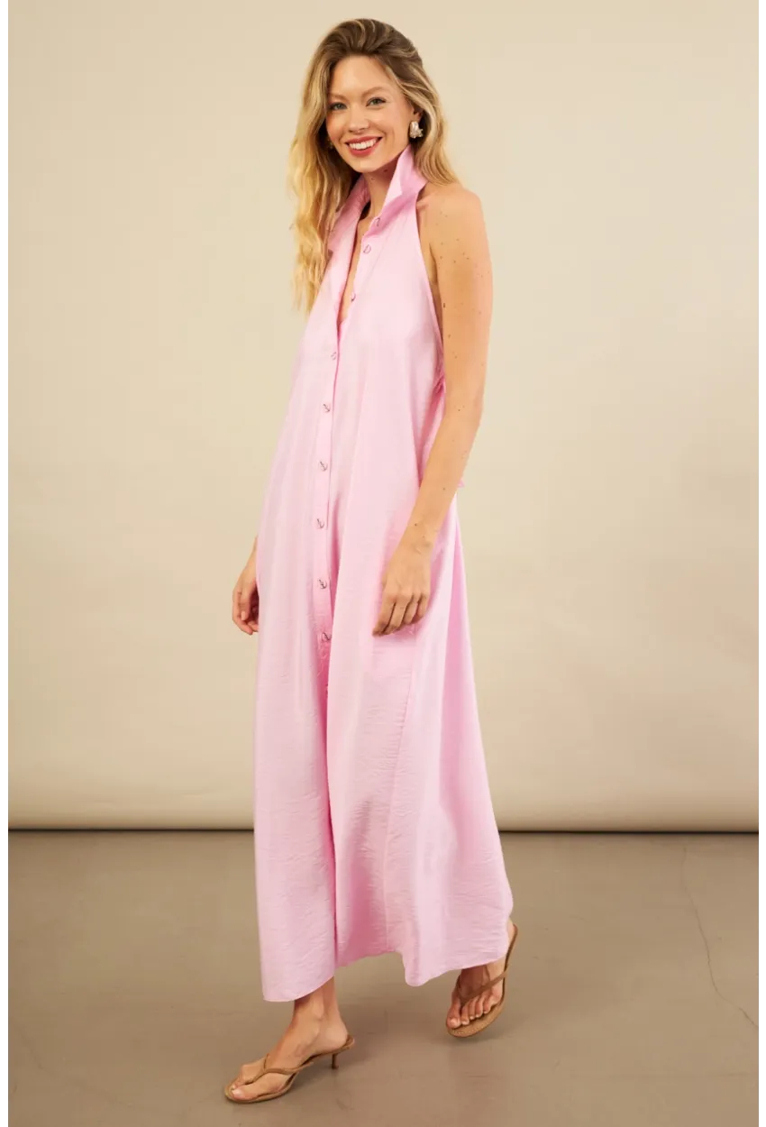 Kadın Pembe Sırtı Açık Maxi Gömlek Elbise ELN3132