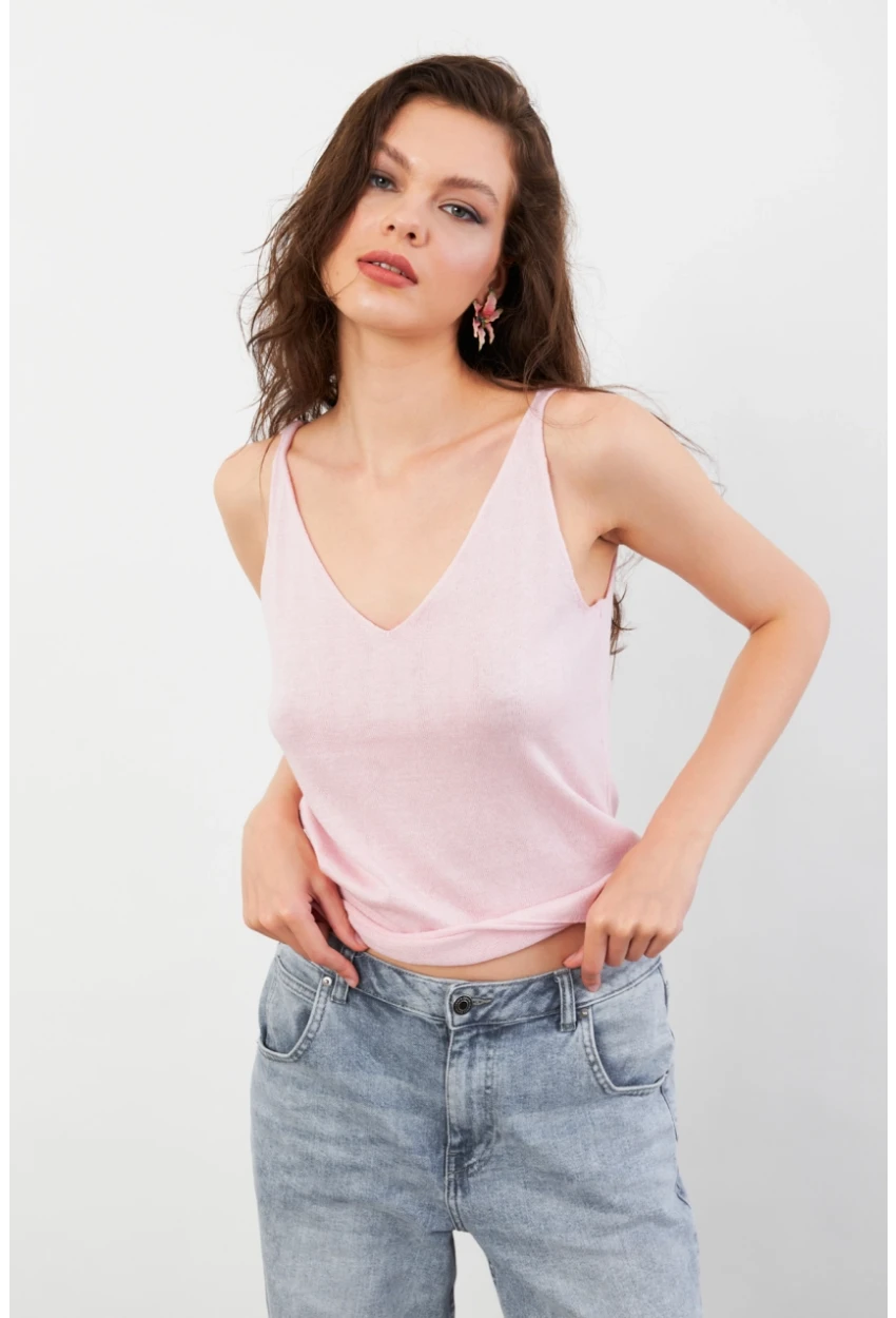 Kadın Pembe V Yaka Triko Bluz KZ546