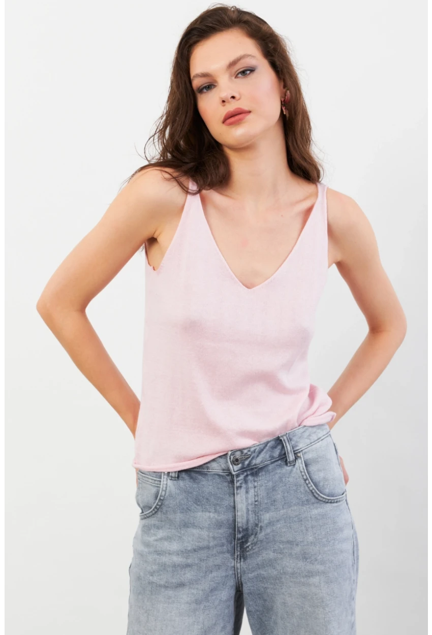 Kadın Pembe V Yaka Triko Bluz KZ546