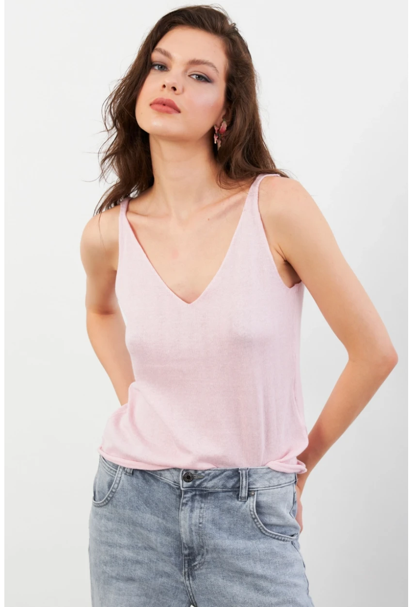 Kadın Pembe V Yaka Triko Bluz KZ546