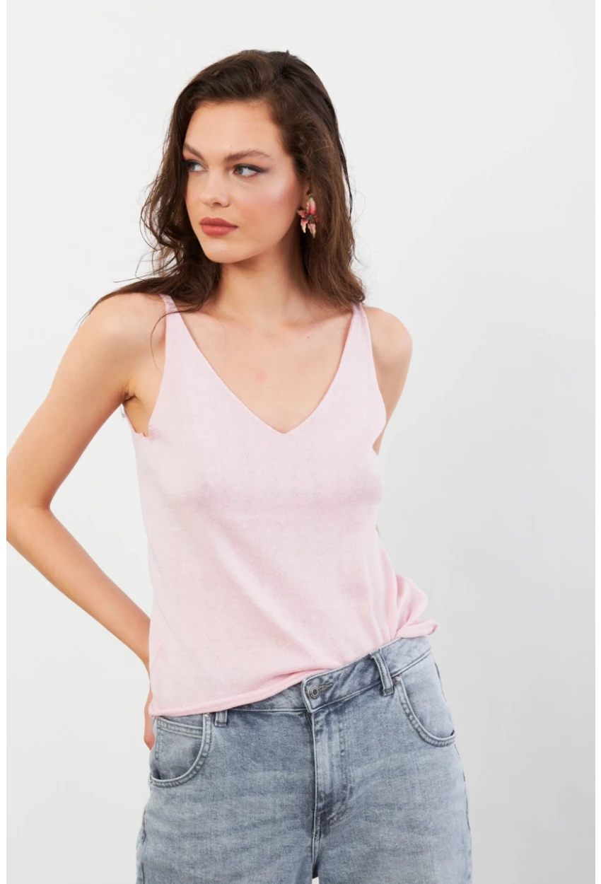 Kadın Pembe V Yaka Triko Bluz KZ546
