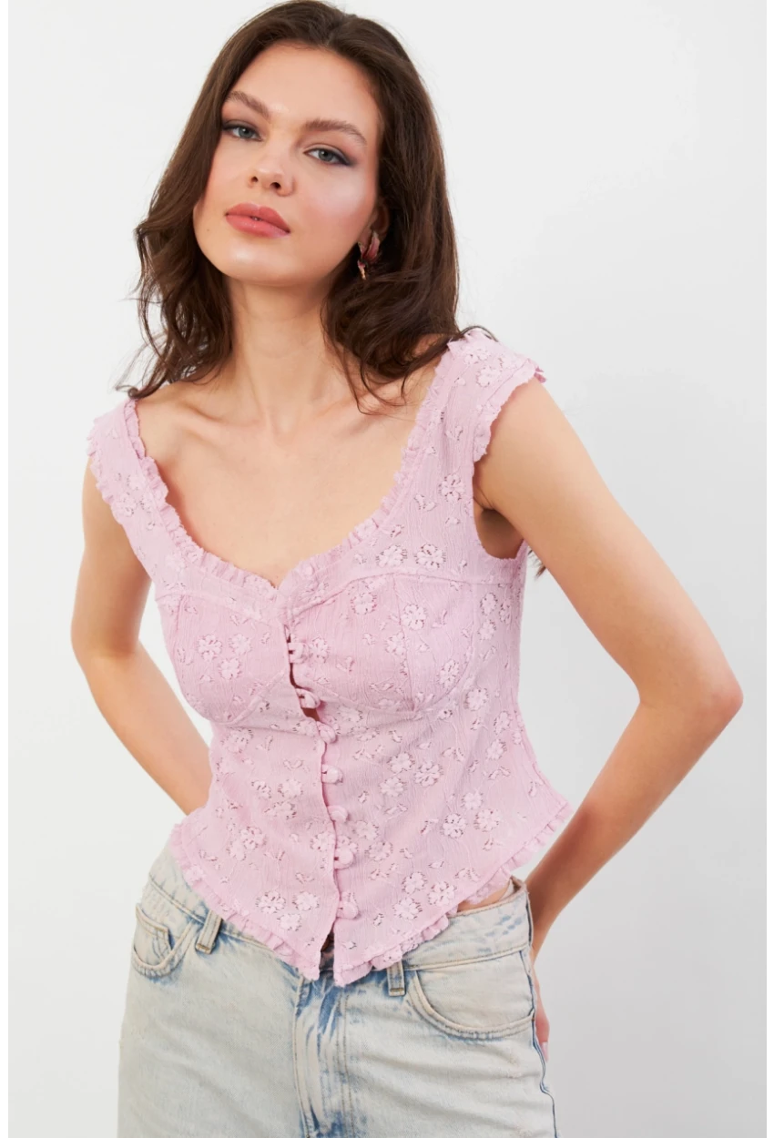 Kadın Pembe Volanlı Düğmeli Bluz KED7324