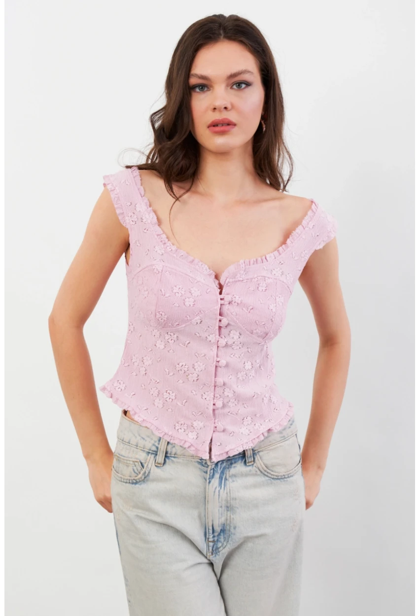 Kadın Pembe Volanlı Düğmeli Bluz KED7324