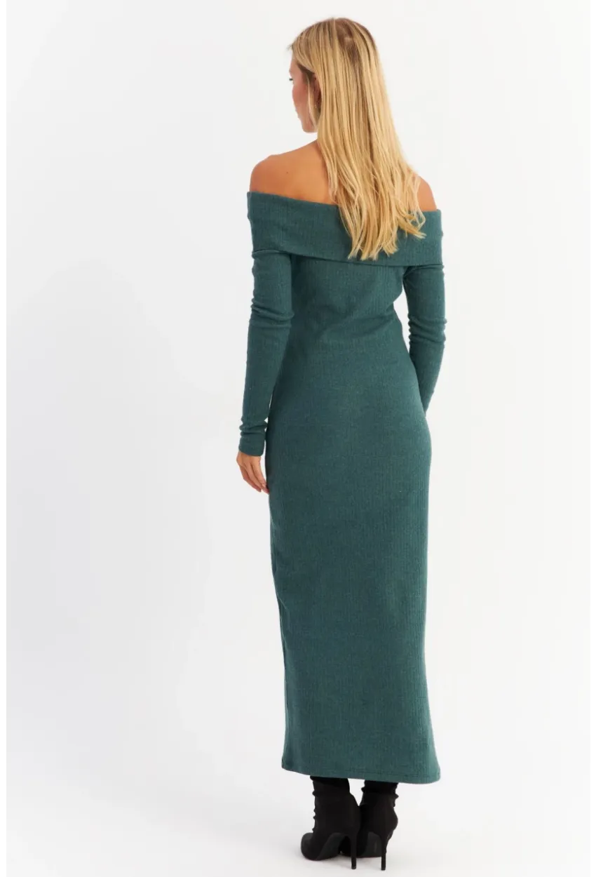 Kadın Petrol Madonna Yaka Kaşkorse Maxi Elbise HOL1