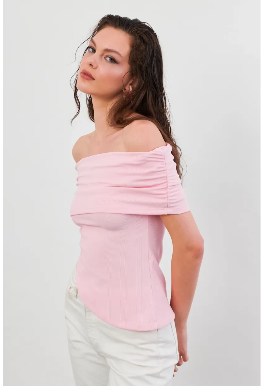 Kadın Pudra Asimetrik Madonna Yaka Bluz OPS4251