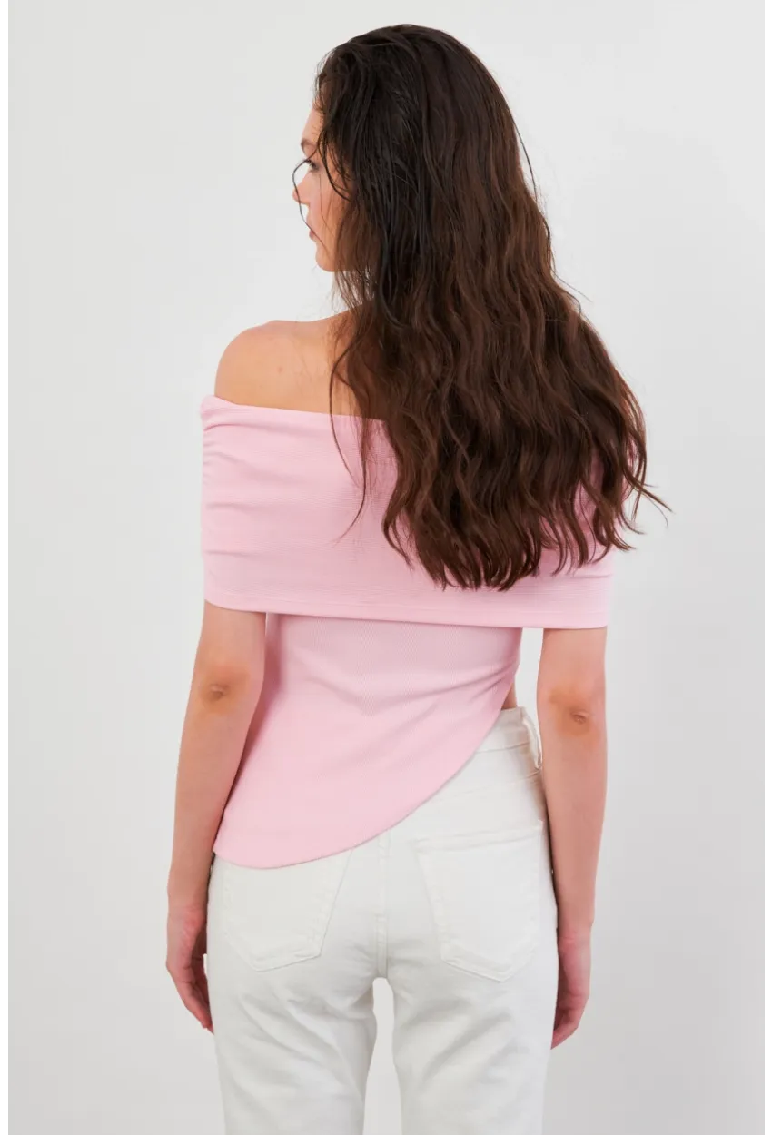 Kadın Pudra Asimetrik Madonna Yaka Bluz OPS4251
