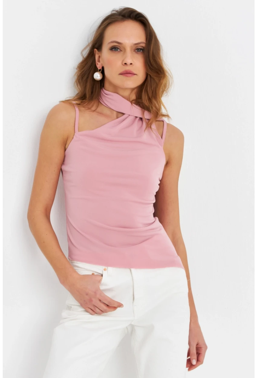 Kadın Pudra Fularlı Asimetrik Bluz HOR0079