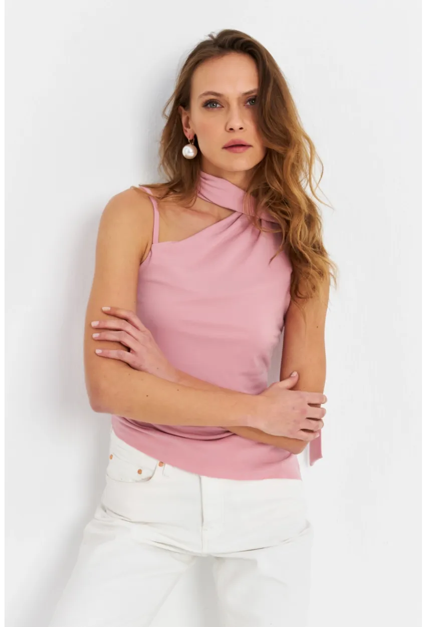 Kadın Pudra Fularlı Asimetrik Bluz HOR0079