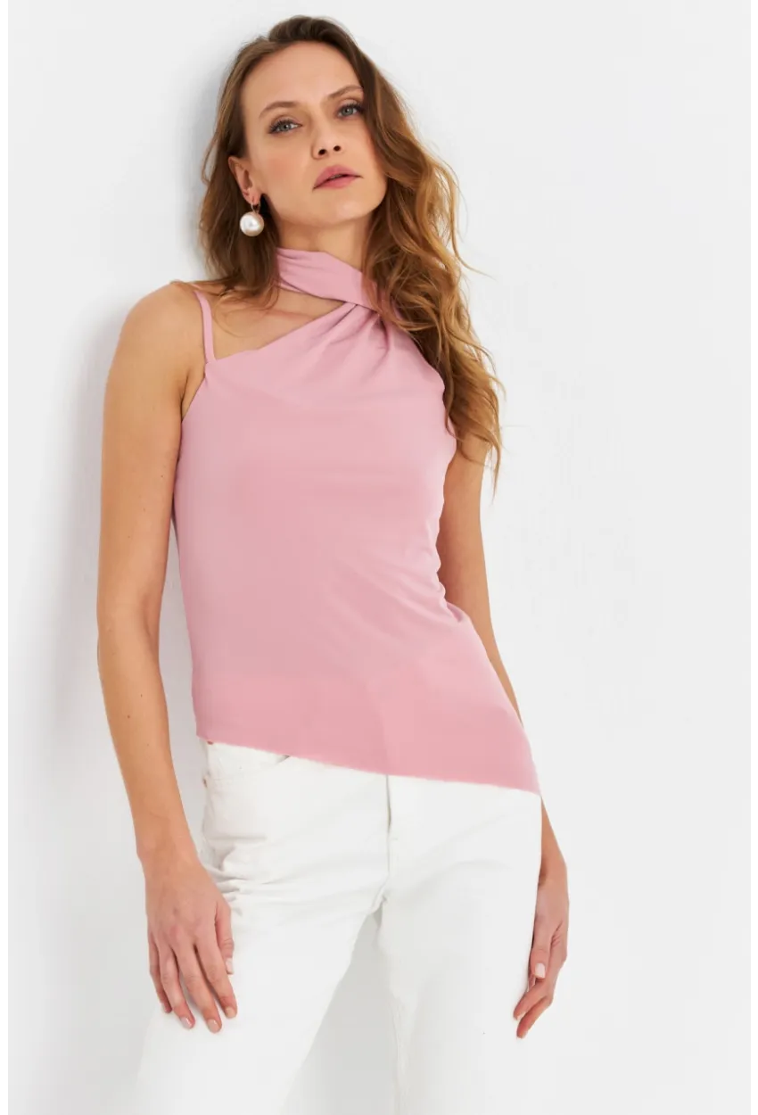 Kadın Pudra Fularlı Asimetrik Bluz HOR0079