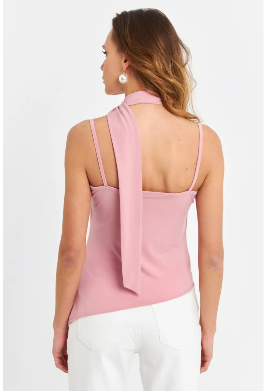 Kadın Pudra Fularlı Asimetrik Bluz HOR0079