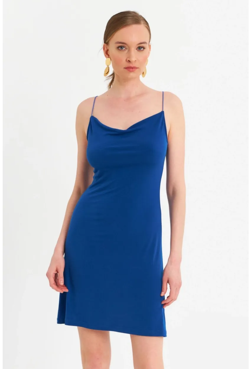 Kadın Saks Degaje Basic Mini Elbise YDF100