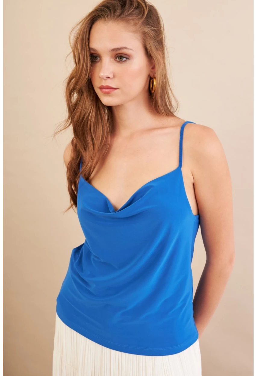 Kadın Saks Degaje Yaka Bluz LPP1286-90