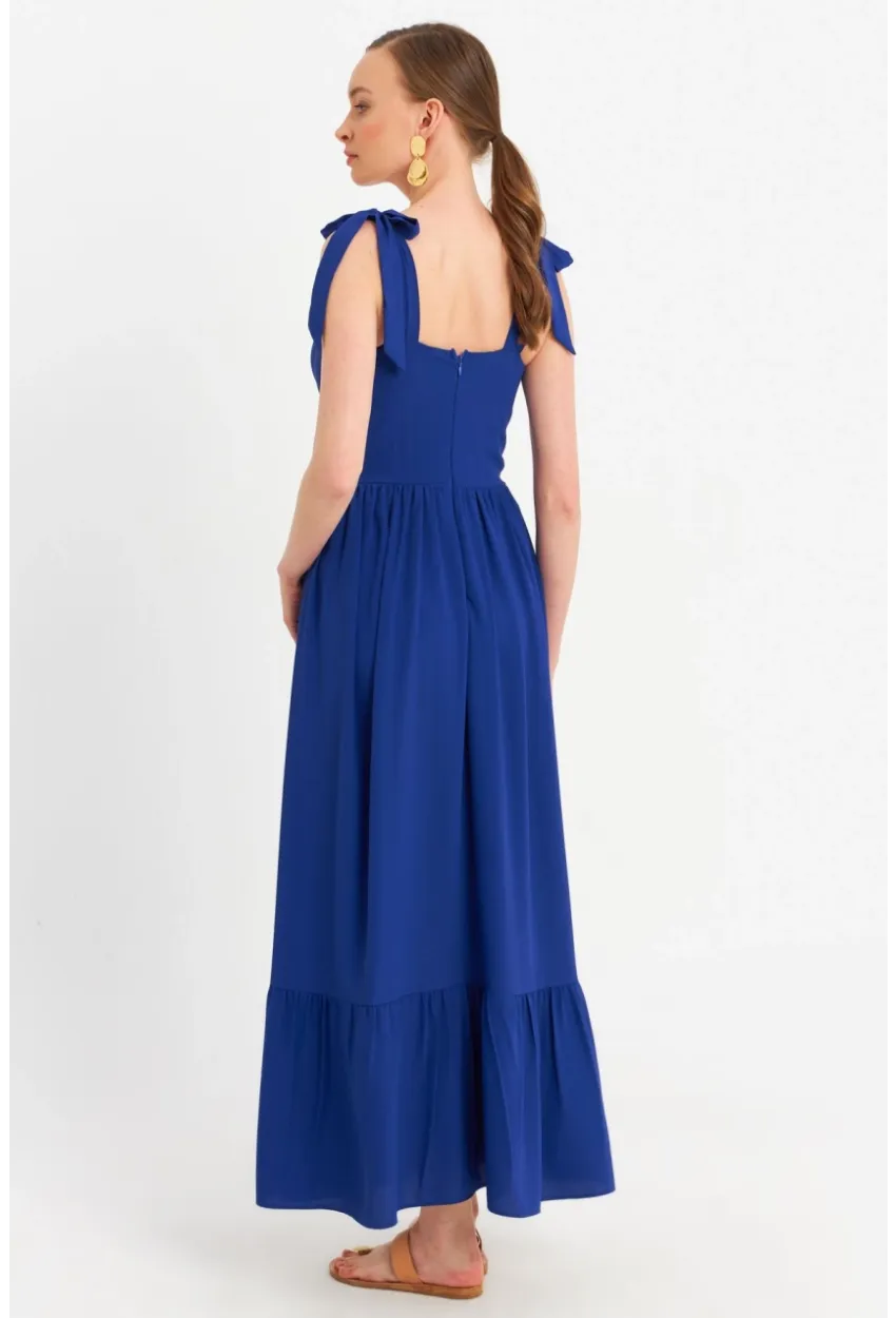 Kadın Saks Pileli Maxi Elbise ERL100