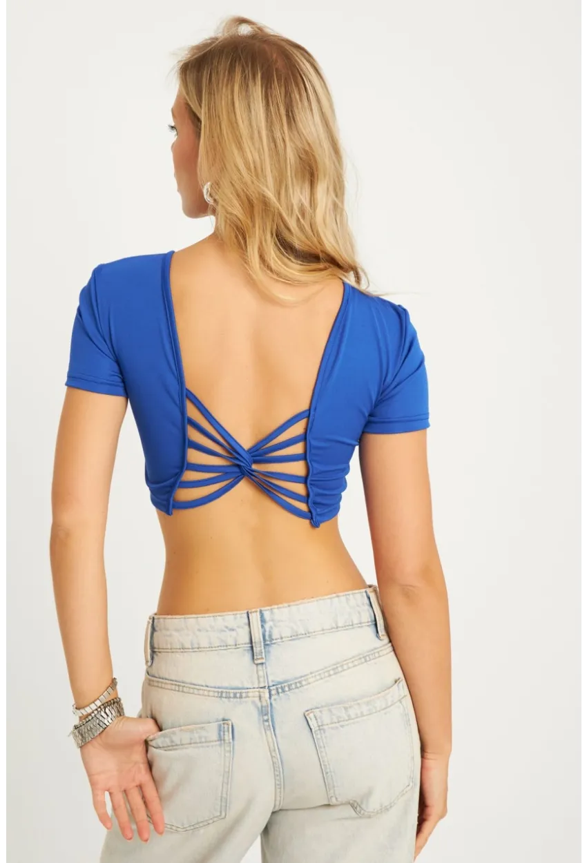 Kadın Saks Sırtı Açık Crop Bluz CG358