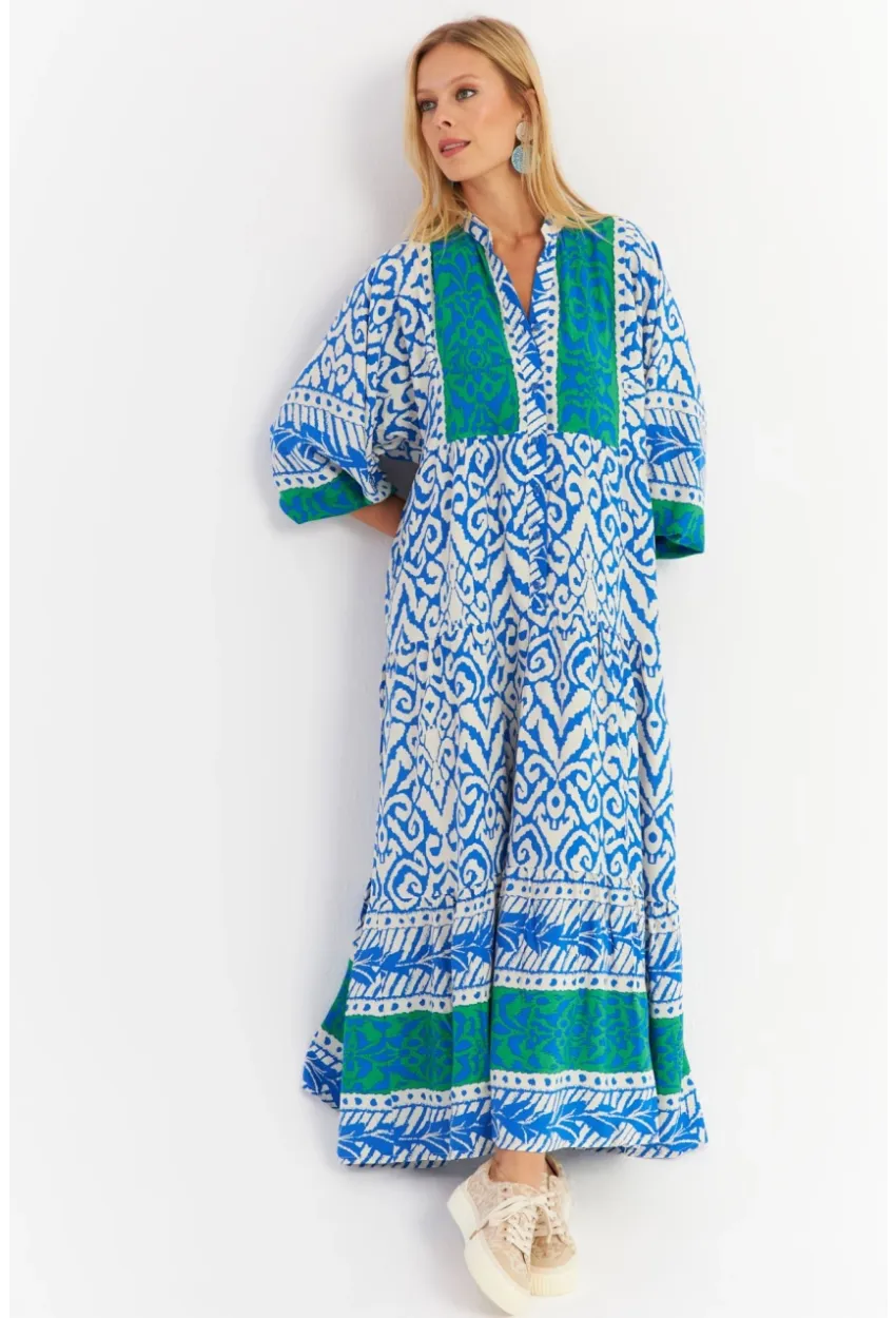 Kadın Saks-Yeşil Volanlı Maxi Elbise MALO11