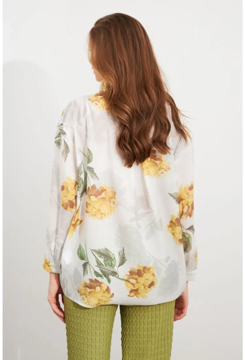 Kadın Sarı Çiçek Desenli İnce Keten Gömlek MCAR1068