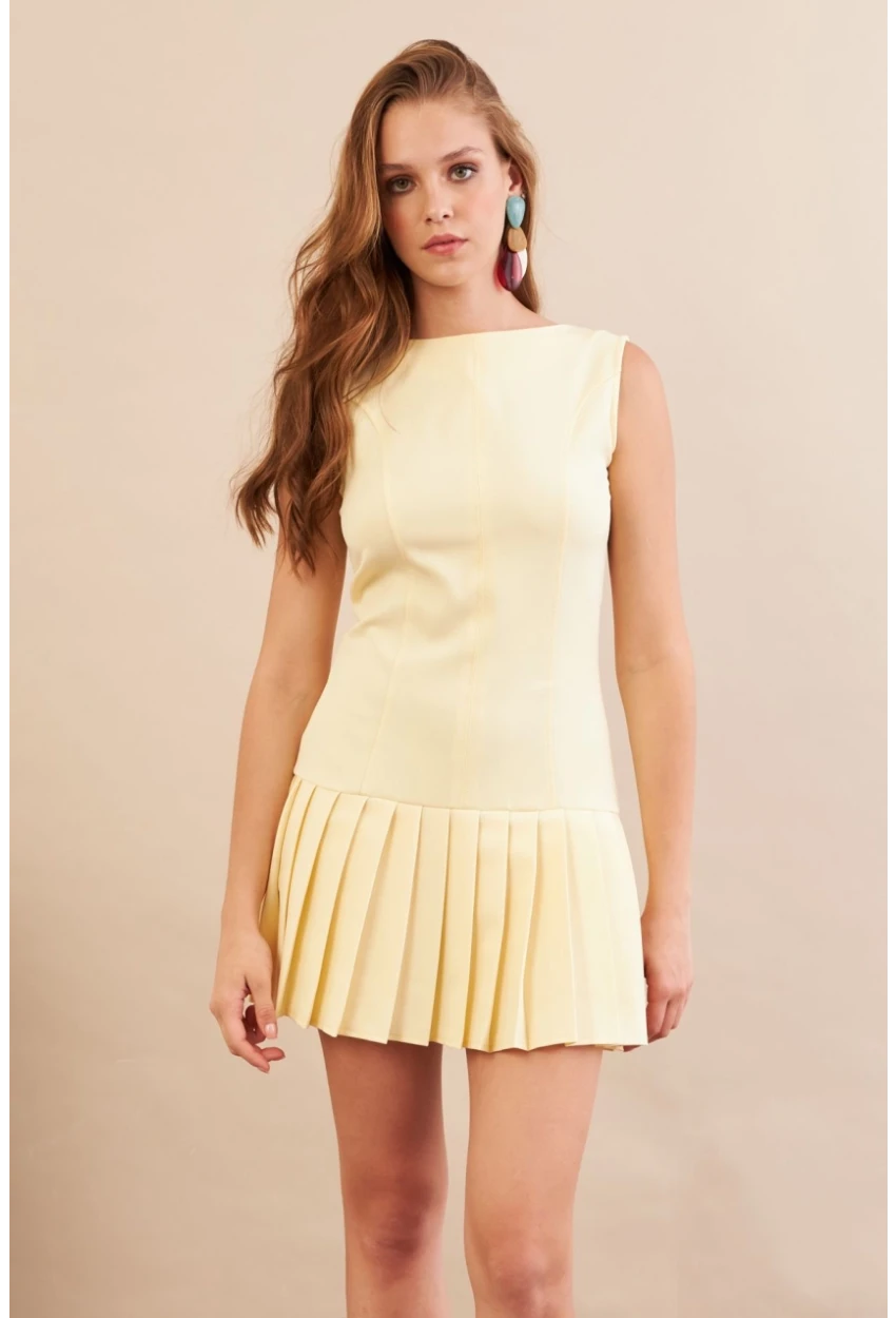 Kadın Sarı Eteği Pileli Mini Elbise FRY2265