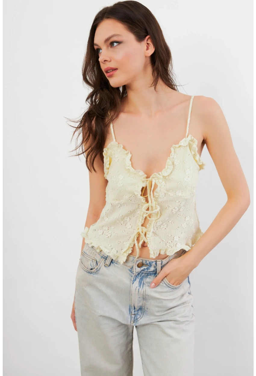 Kadın Sarı Kendinden Desenli Tül Bluz KED7329