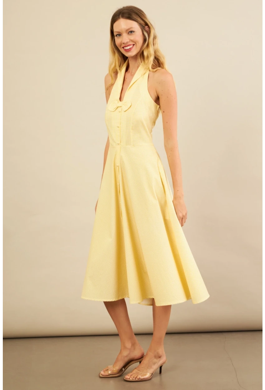 Kadın Sarı Kurdele Detaylı Ekose Gömlek Elbise PSG1014