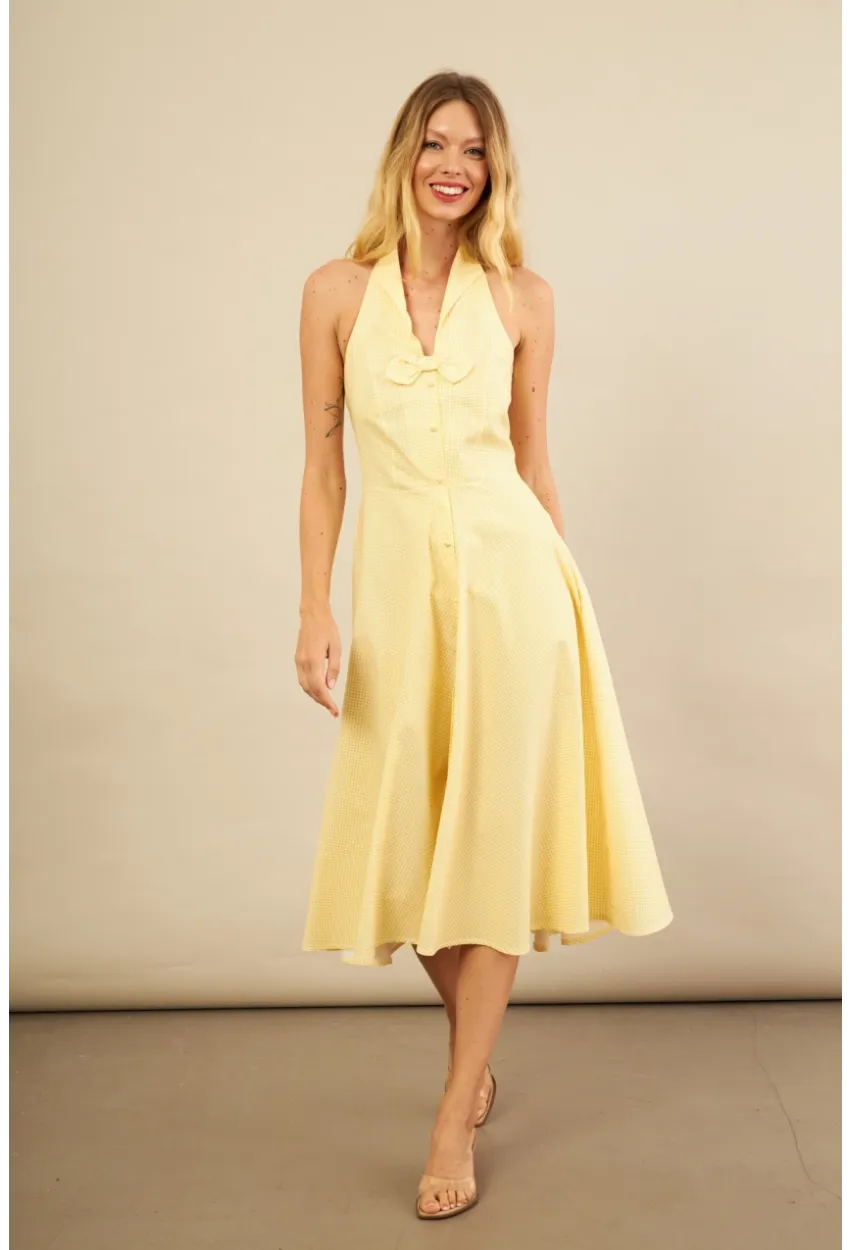 Kadın Sarı Kurdele Detaylı Ekose Gömlek Elbise PSG1014