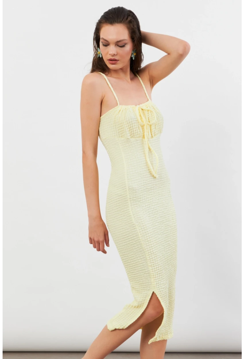 Kadın Sarı Önü Bağlamalı Rustik Midi Elbise FRO2001