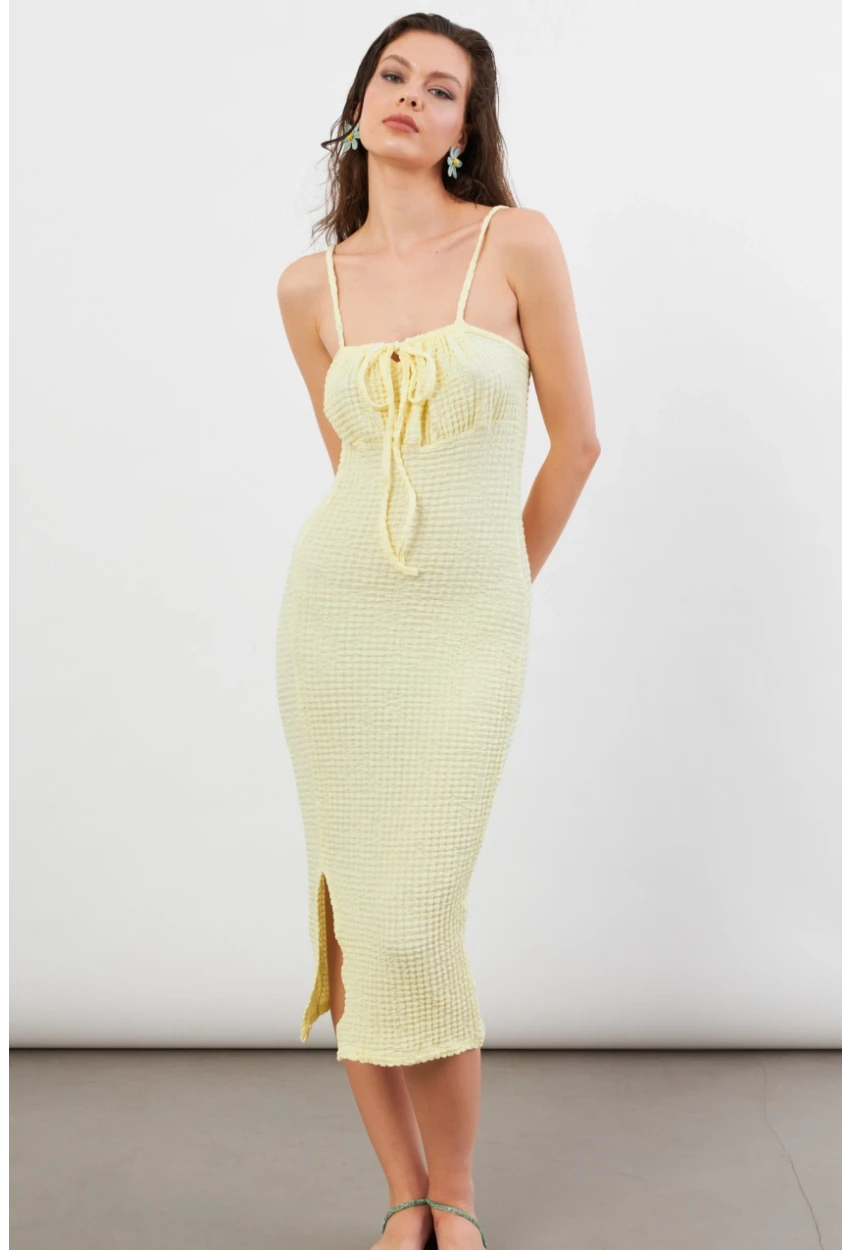 Kadın Sarı Önü Bağlamalı Rustik Midi Elbise FRO2001
