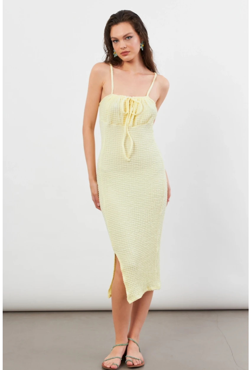 Kadın Sarı Önü Bağlamalı Rustik Midi Elbise FRO2001